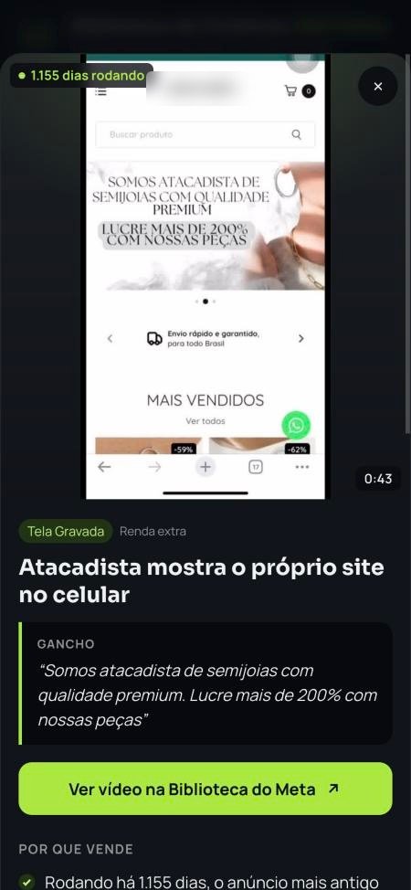 Análise de um anúncio no celular: dias no ar, formato, gancho e botão para ver o vídeo na Biblioteca do Meta