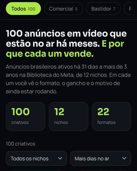 Topo do Arsenal no celular com filtros por formato e por nicho: 100 criativos, 12 nichos, 22 formatos