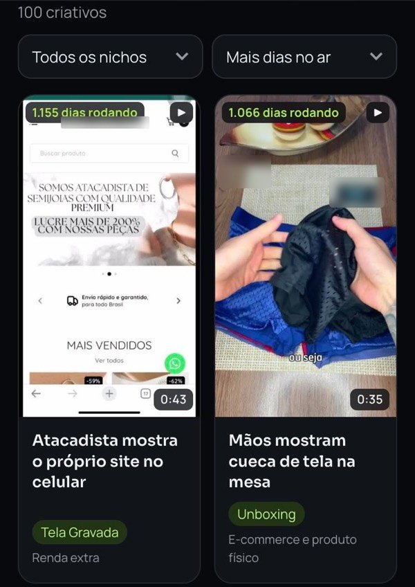 Tela do Arsenal no celular: cards dos anúncios com dias no ar, formato e nicho